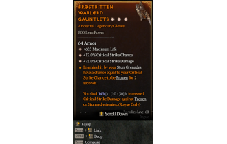 Legendary Gloves[*12 Crit | *75 DMG_Crit | *685 Life]