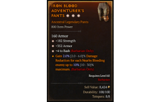 Legendary Pants[Barbarian | *4 Bash | *352 Armor | *182 STR]