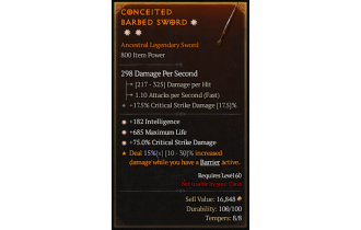 Legendary One-Handed Sword[*75 DMG_Crit | *182 INT | *685 Life]