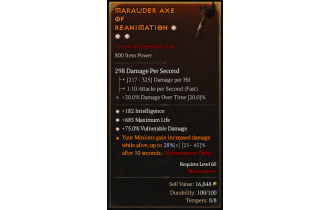 Legendary One-Handed Axe[*75 DMG_Vulnerable | *182 INT | *685 Life]