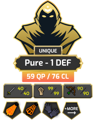 Pure - 1 DEF | TTL: 888 | CL: 76 | QP: 59 [99 MAGE, 99 RAN, 99 STR, Dizana's Quiver, Fire Cape, Infernal + MORE!]