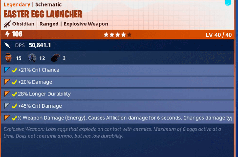 explosive weapon lobs eggs that explode on contact with enemies maximum of 6 eggs active at a time does not consume ammo but has low durability - easter egg launcher fortnite